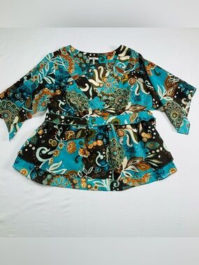 Metro 7 Women’s Teal Paisley Tie-Waist V-Neck Top W530
